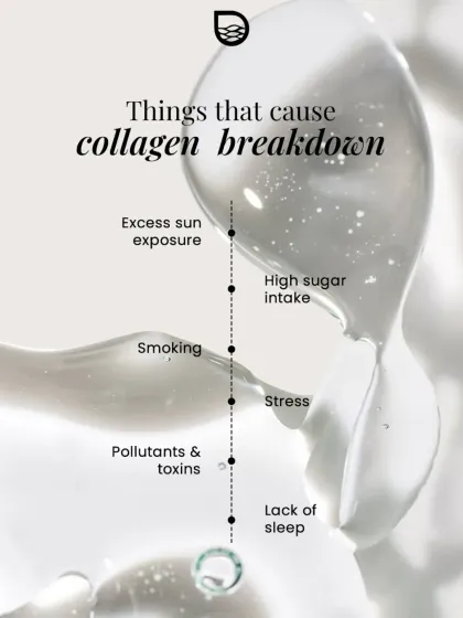 This infographic lists the top causes of collagen breakdown. Excess sun exposure, a high sugar intake, smoking, stress, and lack of sleep all accelerate the aging process.