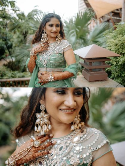 A close-up collage of the bride, highlighting her beautiful smile and the unique floral and shell jewelry she wore for her Mayra ceremony.
