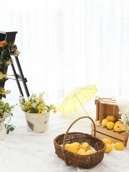 A sunny setup. This wide shot shows the complete lemon garden theme, ready for a happy baby to join the scene. The bright, airy feel is perfect for capturing joyful moments.