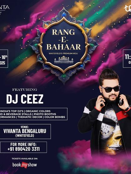 Poster for "Rang-E-Bahaar," a premium Holi celebration at the 5-star Vivanta by Taj, Whitefield.