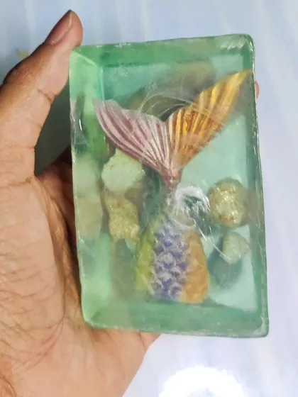 This beautiful mermaid soap was damaged at an exhibition. While it saddens me when my work is mishandled, I now get to keep and use this one for myself.