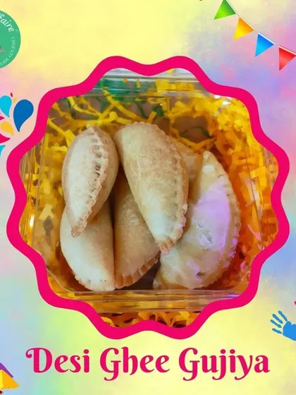 Our Desi Ghee Gujiya, a must-have for Holi. These are handmade with a traditional filling and fried to a perfect golden brown.