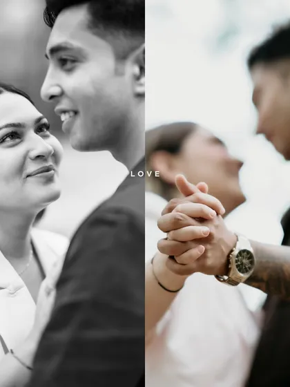 A diptych showing two sides of love: a loving gaze in black and white and a close up of intertwined hands. This composition highlights both the emotional and physical connection between Shubhi and Kunal.