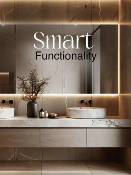 Smart functionality is key to a modern luxury bathroom. This design features a wide, backlit mirror over a double vanity with vessel sinks, providing ample light and space for two.