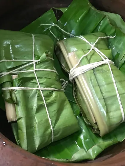Our Pollichathu parcels, tied and ready for cooking. This traditional method ensures all the flavours are sealed in, creating a moist and intensely flavourful dish.