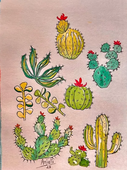 A watercolor and ink study of different types of cacti and succulents. This is a fun way to practice botanical illustration and play with shapes, patterns, and colors.