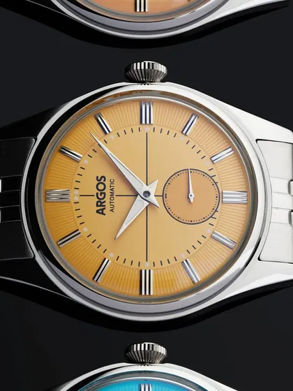 A graphic composition showcasing three different dial colors of the Argos watch. This is a clean, effective way to display a product line, using repetition and color to create a visually appealing image.