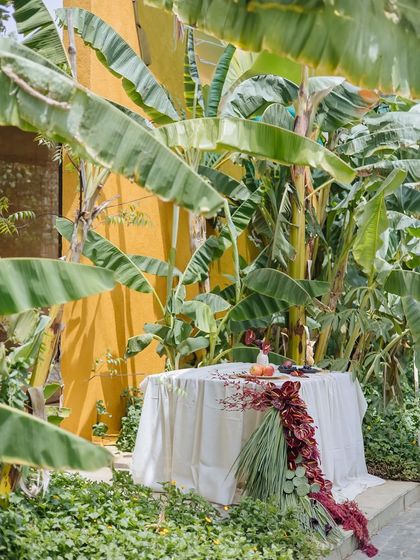 The Orchard Table is set within a grove of banana trees, creating a private, tropical paradise for your celebration. The vibrant green leaves frame the scene beautifully.