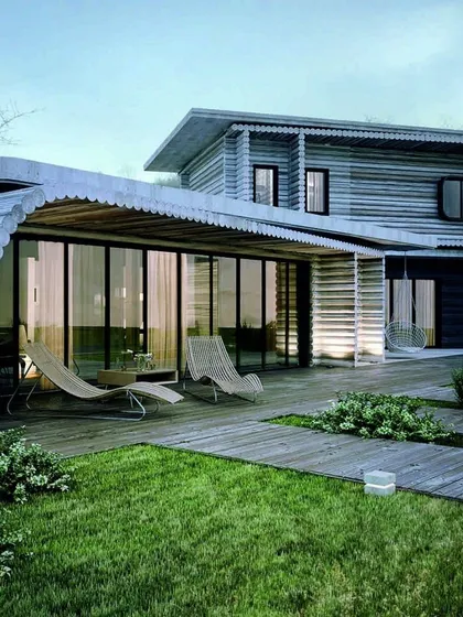 This unique architectural concept features a curved, log-like structure that forms a covered patio space. The design blends rustic materials with modern glass walls, creating an innovative and nature-inspired home.