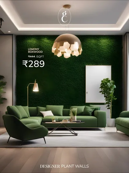 This living room demonstrates how a 'Lemony Boxwood' vertical garden can define a space, adding a block of vibrant color and texture without taking up any floor area.