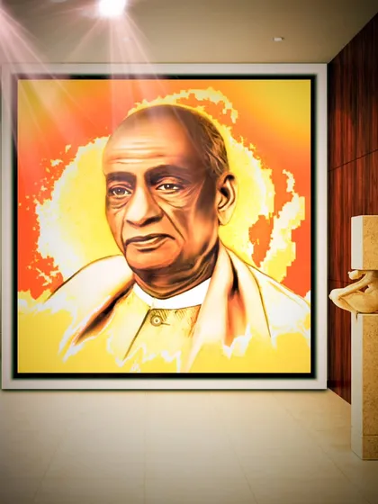 This mockup of the Sardar Patel portrait includes dramatic lighting effects, adding to its heroic quality.