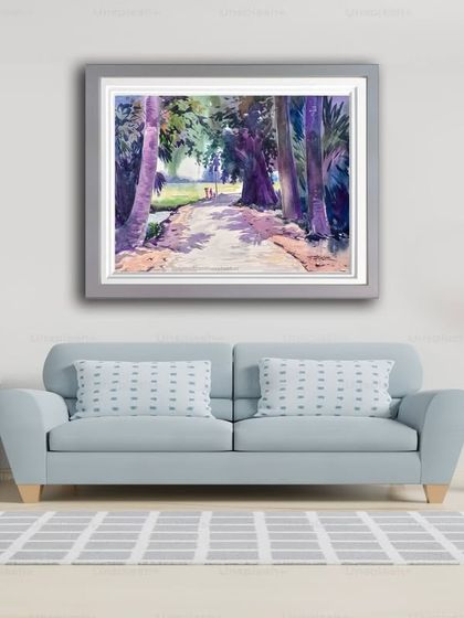 A 22x30 inch watercolor painting on handmade paper, shown here in a living room setting, capturing a peaceful path through the trees.