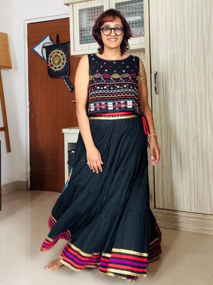 Working from home has its perks, like being able to wear a comfy long skirt and crop top. These are old favorites I found at a local store years ago, and I love keeping them in rotation.