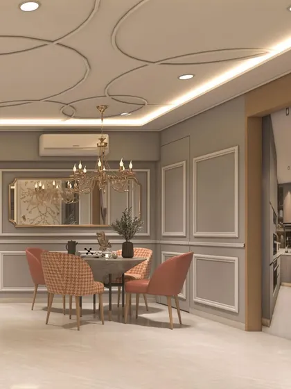 The dining area render for our Ghatkopar project, featuring a classic chandelier and elegant wall molding for a touch of neo-classical charm.