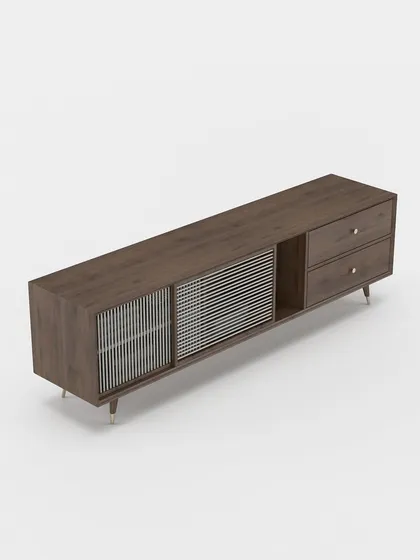 A three-quarter view of our vintage-inspired TV unit, showcasing its combination of open shelving, drawers, and a sliding slatted door.