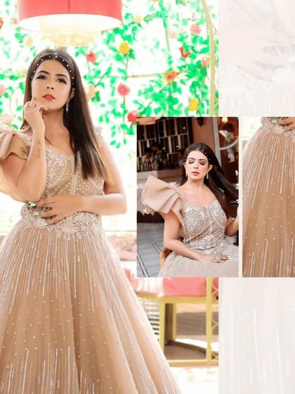 A collage showing the beautiful details of our beige rental gown, from the beadwork to the structured shoulder.