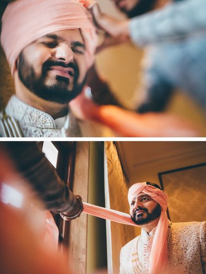 A collage showing the groom getting his turban or 'safa' tied, a significant part of the groom's getting ready process.