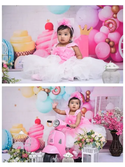 A two-photo collage from a sweet candy-themed shoot. It features the baby girl posing in a pink and white dress amidst giant cupcakes and on a cute pink scooter.