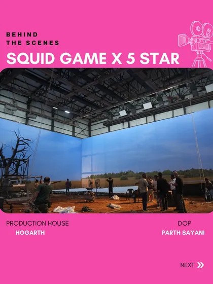 Behind the scenes of a 5 Star x Squid Game collaboration. This image shows the outdoor set being prepared, which we lit to match the iconic look of the series.