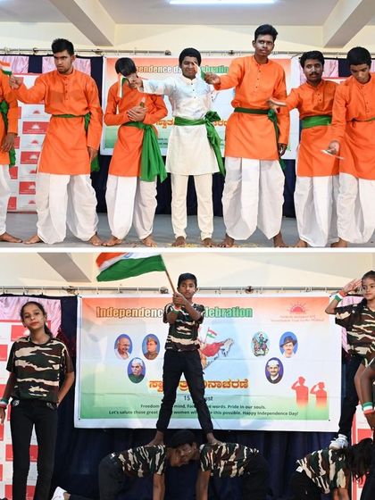Students performing patriotic dances at the Samarthanam Trust event. Their energy and talent filled the hall with a sense of pride and celebration.