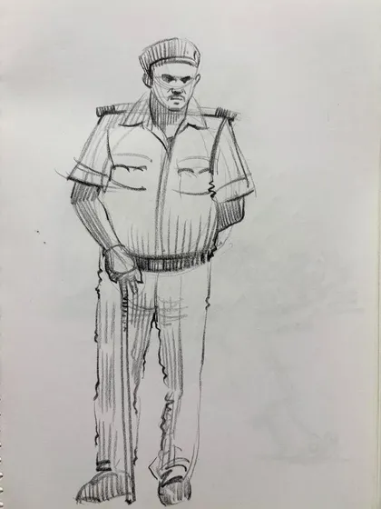 A figure sketch of a policeman on duty. I focused on his uniform and authoritative stance in this quick study.