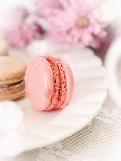 A beautifully composed close-up of a single pink macaron, using a shallow depth of field to blur the background and make the subject pop.