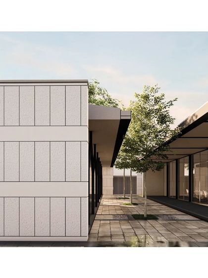 A detail rendering of the facade at the Hoodi Convention Center, showing the texture and pattern of the wall panels.