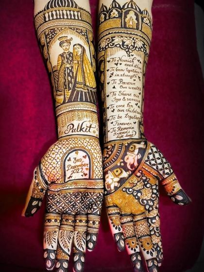 More than just a design, this mehendi includes the couple's wedding vows written beautifully on the forearm. It's a unique way to carry your promises with you, alongside portraits and the wedding date.