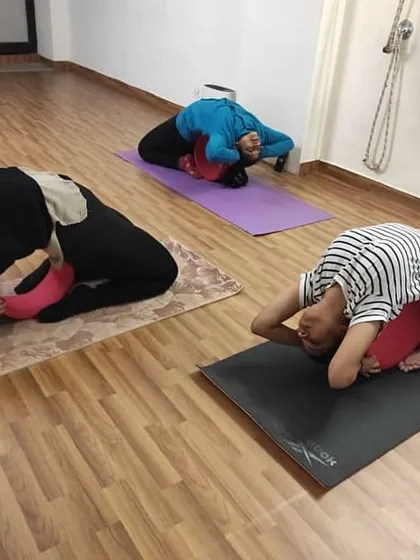 A group of students practices a deep forward-bending backbend (Paryankasana) using yoga wheels for support. This shows how we work together in class to improve our flexibility.