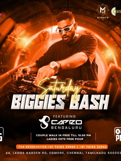 The event flyer for 'Biggies Bash' in Chennai, showing that I take my high-energy sets on the road.