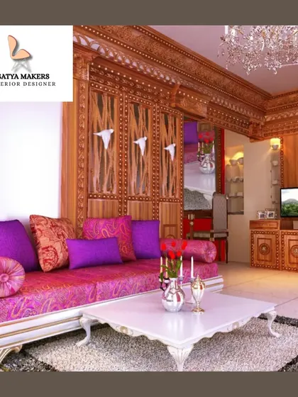 A traditional Indian living room concept with ornate woodwork and vibrant pink and purple fabrics.