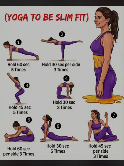 An infographic showing "Yoga to be slim fit." This routine includes poses that build strength and flexibility for a toned physique.