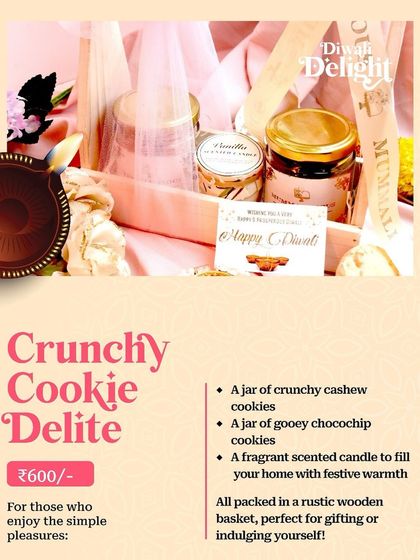 The "Crunchy Cookie Delite" hamper for Diwali, a simple and sweet gift with two types of cookies and a scented candle.