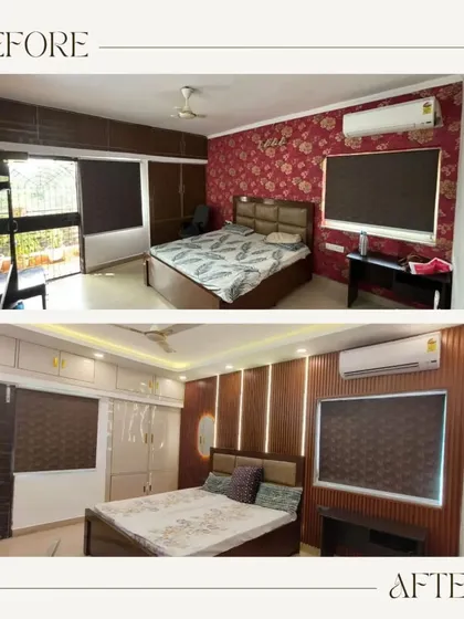 The power of a full renovation, shown in a single before and after. I transformed this dated bedroom into a modern space with a new false ceiling, integrated lighting, and a stylish wooden-paneled feature wall.