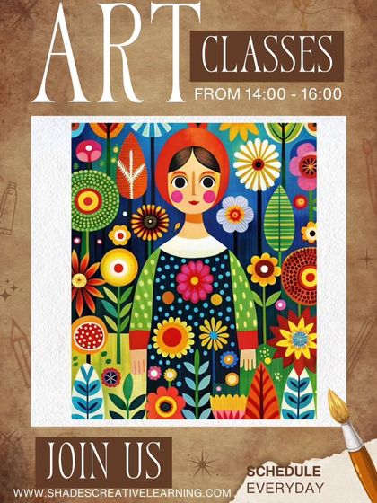 A promotional poster for our daily art classes, featuring a colorful folk-art-style canvas painting. We offer sessions in various mediums including oil, acrylic, and portraiture.