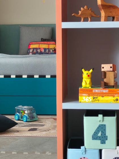 A close-up of the colorful details in this kids' room. I love playing with color contrasts and accent details to create a space that feels vibrant and full of personality.