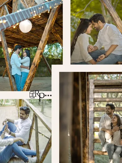 A collage showcasing the fun and romance of a rustic, outdoorsy shoot. From playful moments on a wooden bridge to intimate embraces, it captures the essence of their day.