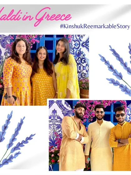 Friends celebrating together at a beautiful 'Haldi in Greece' themed event. Our photo booth becomes a hub of laughter and camaraderie.