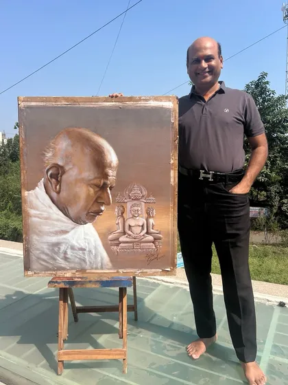 Standing with the completed "Divine Harmony" painting, feeling grateful for the spiritual journey of its creation.