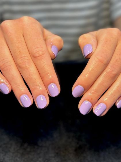 Another shot of the beautiful pastel lavender manicure, showing how the color looks in different lighting.