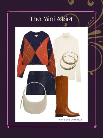 Don't retire your mini skirt. For cooler weather, pair it with a cozy argyle sweater, a turtleneck, and knee-high boots for a chic and warm ensemble.