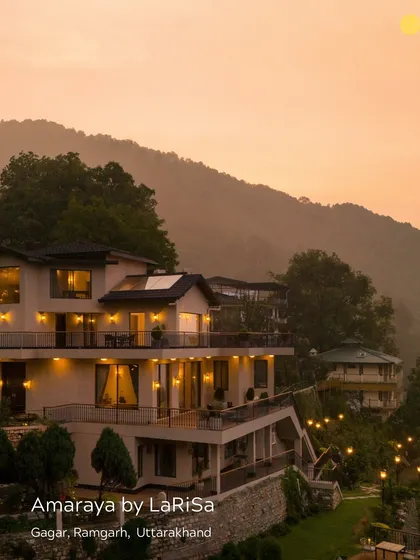 Amaraya by LaRiSa, a boutique hotel we designed in the Himalayas. The architecture uses minimal design and natural materials to blend into the mountainous landscape, offering a serene retreat with breathtaking views.