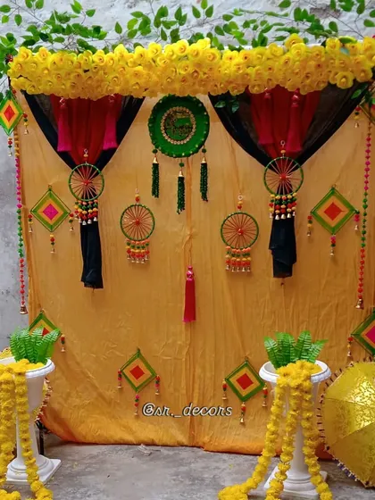 This view shows the complete traditional Haldi setup with seating stands, ready for the ceremony. It's a budget-friendly option for an authentic home function.