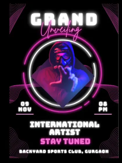 A teaser poster for a "Grand Unveiling" event featuring a mystery international artist. We build anticipation for our major events to ensure a night full of surprises and world-class entertainment.