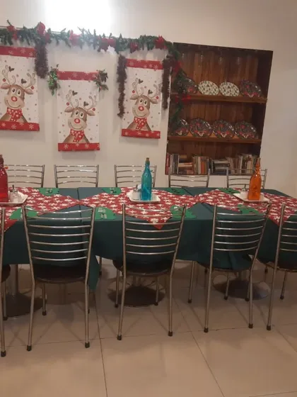 The full view of our large group seating area, decorated for the holidays.