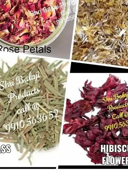 I provide a complete range of raw materials for making your own bath bombs and bath salts. This image shows some of the key ingredients like dried rose petals, lemongrass, and hibiscus flowers.