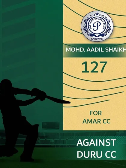 Mohd. Aadil Shaikh delivered a powerful performance, scoring 127 runs for Amar CC in a local tournament match.