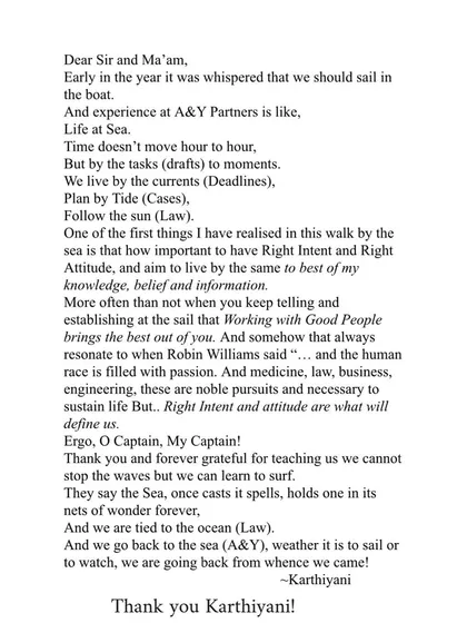 A beautifully written, poetic message from Karthiyani, comparing the experience at our firm to "Life at Sea." It captures the dynamic and demanding nature of a litigation practice.