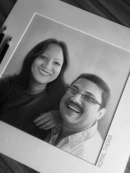 This 10x10 inch portrait was a special 25th-anniversary gift for a doctor couple from their hospital staff. The artwork is mounted with a classic white border, ready for framing.