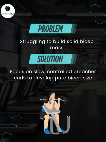 Problem: Struggling to build solid bicep mass. Solution: Focus on slow, controlled preacher curls to develop pure bicep size.